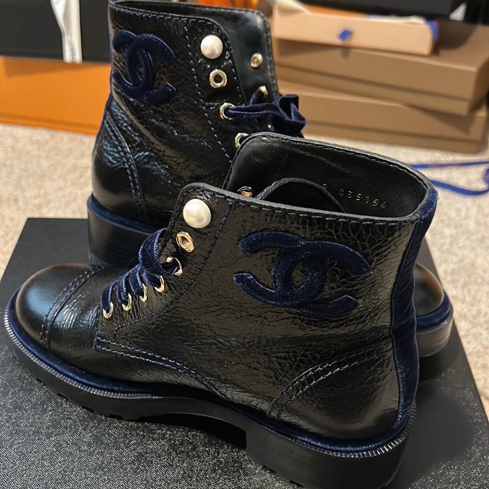 Chanel Calfskin Velvet Pearl Combat Short Boots